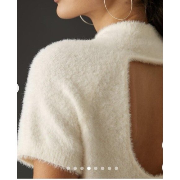 Anthropologie Maeve Sweater Top Medium Mock Neck Open Back Short Sleeve Ivory - Picture 2 of 14